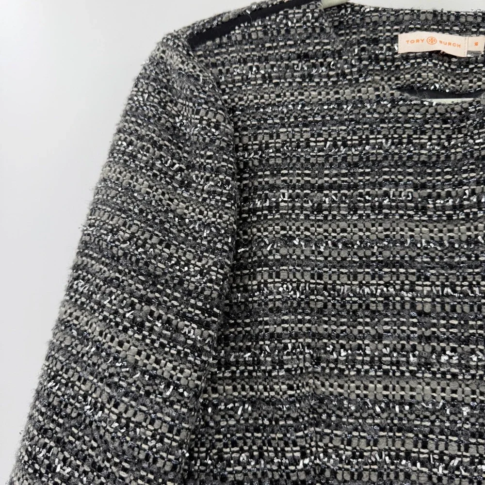 Tory Burch Metallic Tweed Mixed Media Peplum Jacket Grey Black Size 10